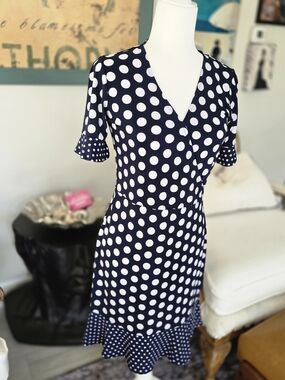Michael Kors Navy and White Polka Dot Wrap Dress